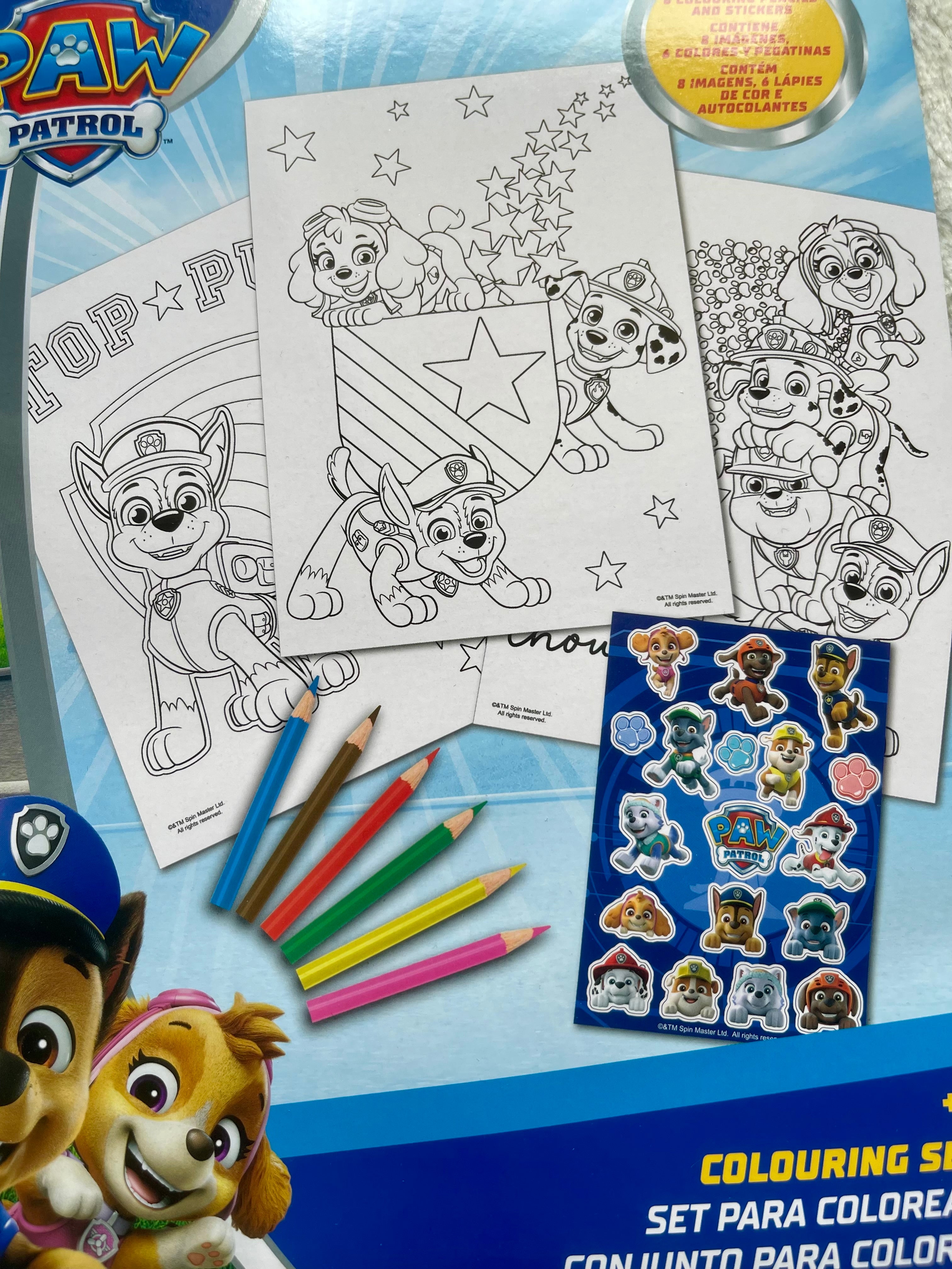 Paw Patrol Malset mit 8 Ausmalbildern, 6 Buntstiften & Stickern