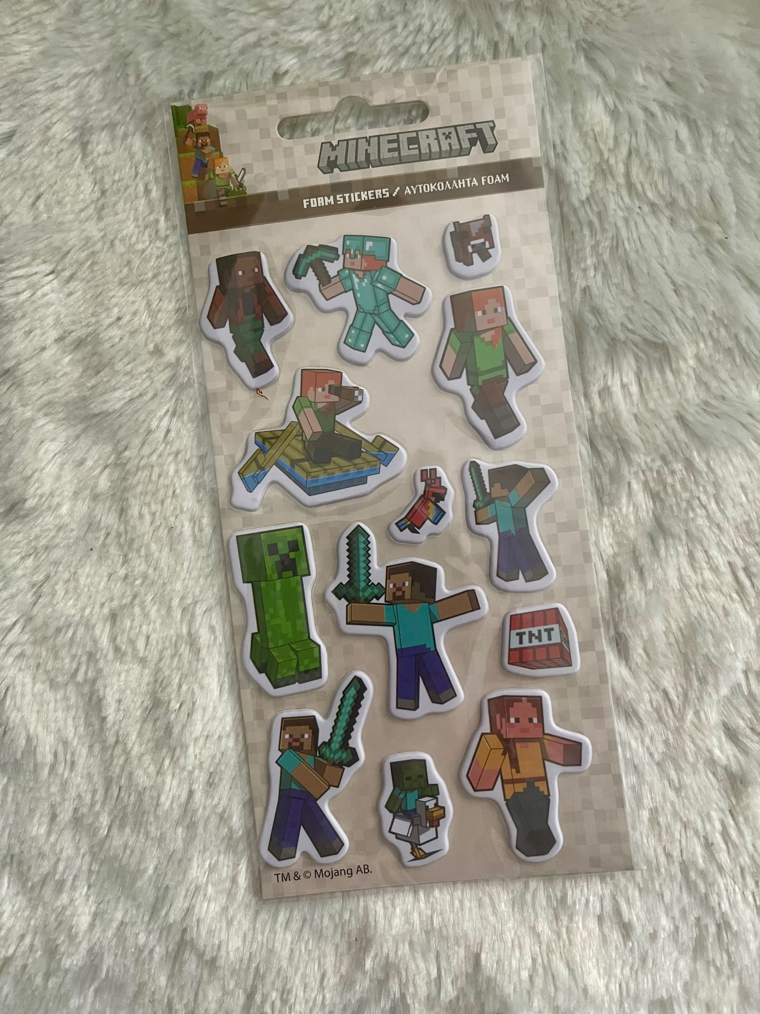 Minecraft Adventures Schaumstoff-Sticker Bogen – Puffige Foam Aufkleber mit Creeper, Steve mit Diamantschwert, Alex und Zombie
