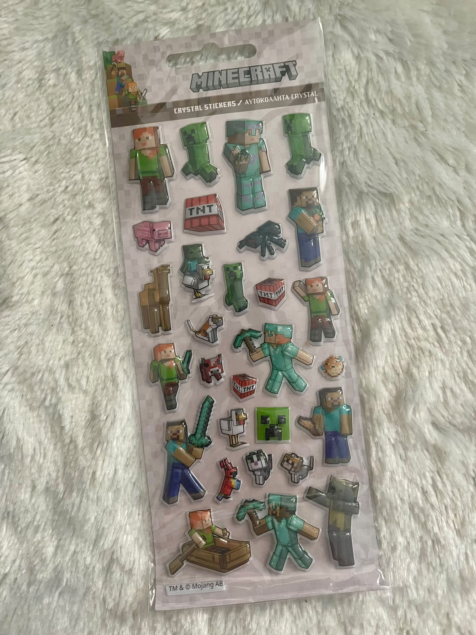 Minecraft Crystal Sticker Bogen – Bubble-Aufkleber mit Steve, Creeper, Zombie und weiteren Charakteren auf transparentem Hintergrund